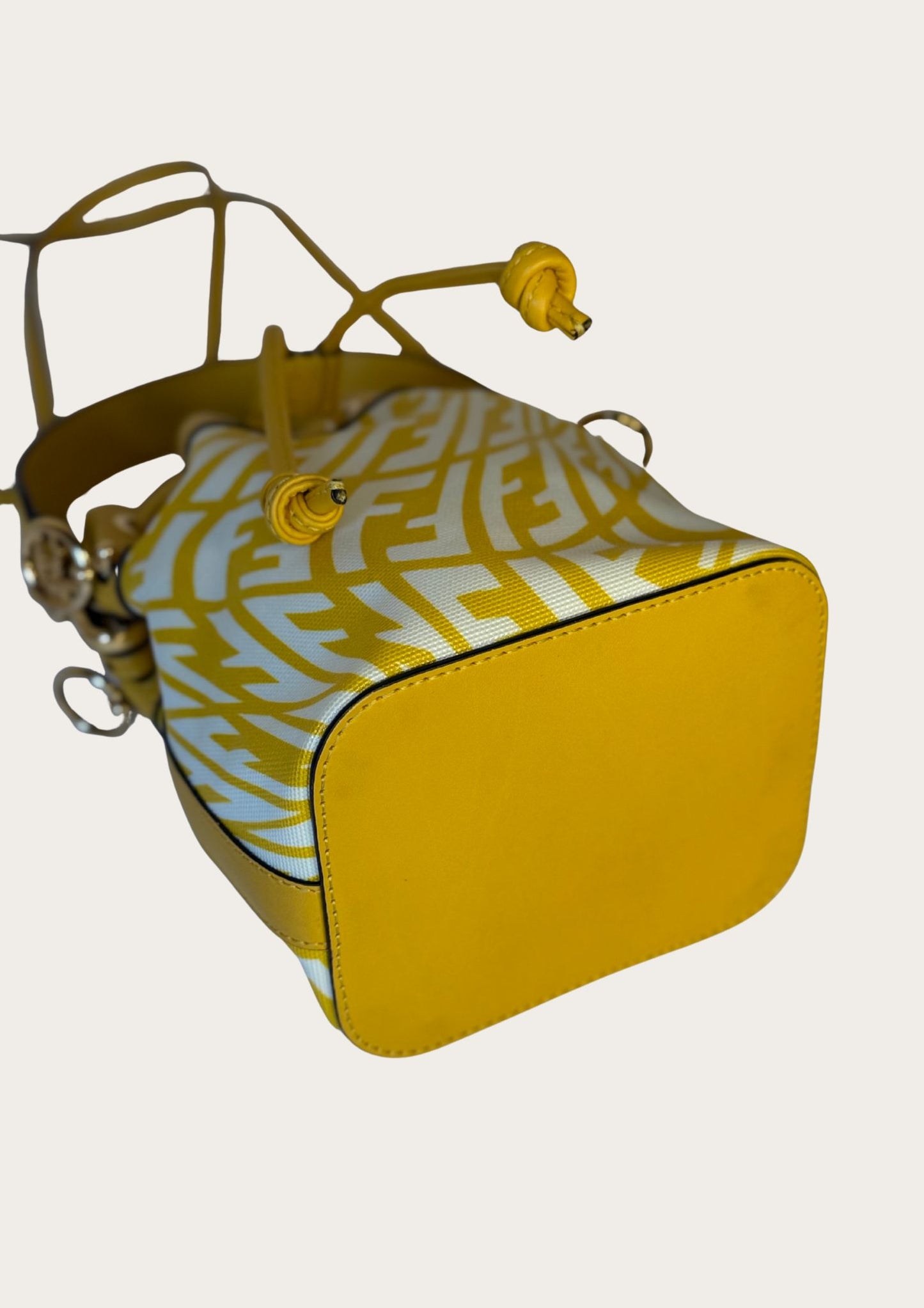 Genuine Fendi Mon Trésor Mini Bucket Bag in yellow and white canvas and leather