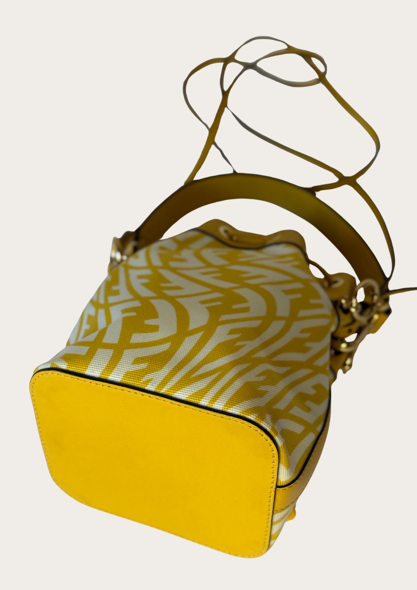 Genuine Fendi Mon Trésor Mini Bucket Bag in yellow and white canvas and leather