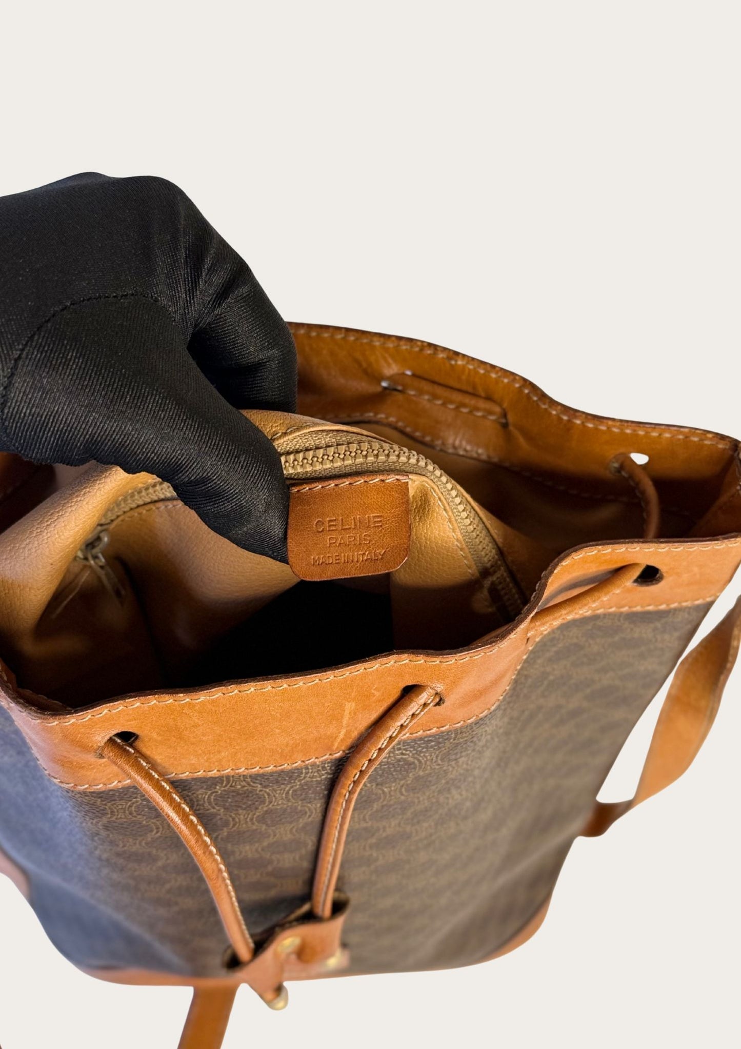 Genuine Celine bucket bag in macadam pattern with leather details