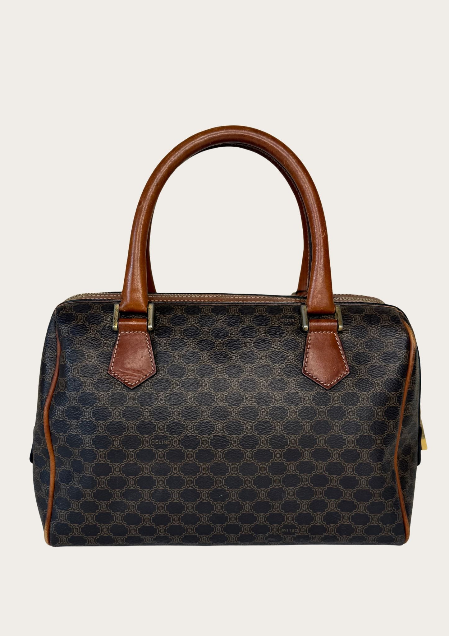 Authentic Celine Macadam Boston bag in PVC and leather details.