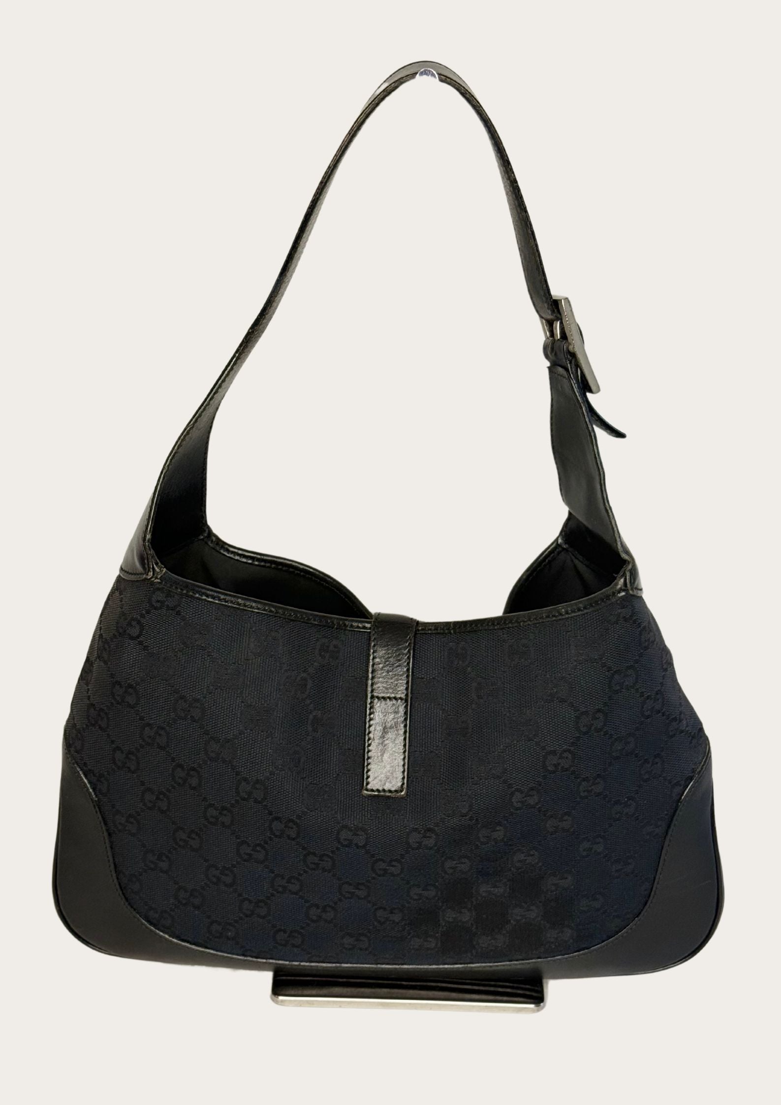Back of Vintage Gucci Jackie shoulder bag GG pattern, genuine